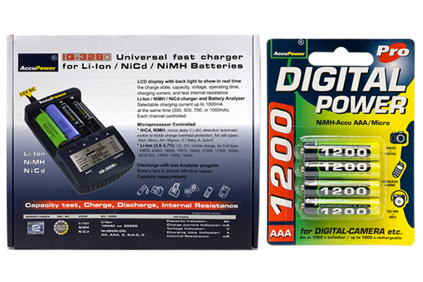 IQ-328 AA / AAA LCD Charger + 4 AAA NiMH AccuPower Micro Batteries (1200 mAh)