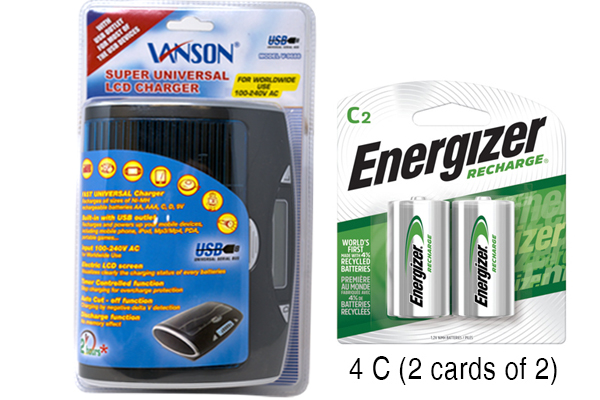 Super Universal LCD Battery Charger + 4 C Energizer NiMH Batteries (2500 mAh)