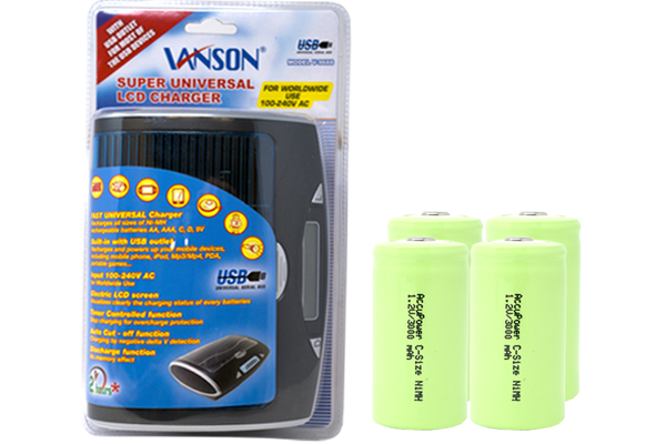 Super Universal LCD Battery Charger + 4 C AccuPower NiMH Batteries (3000 mAh)