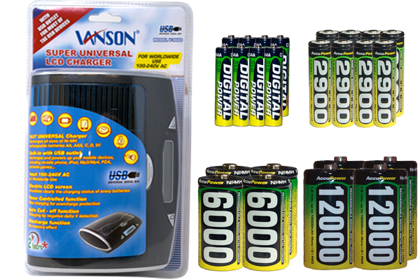 Super Universal LCD Battery Charger + 8 AA (2900 mAh) + 8 AAA (1200 mAh) + 4 C (6000 mAh) + 4 D (12000 mAh) AccuPower NiMH Batteries