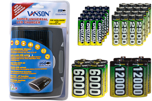Super Universal LCD Battery Charger + 16 AA (2900 mAh) + 16 AAA (1200 mAh) + 4 C (6000 mAh) + 4 D (12000 mAh) AccuPower NiMH Batteries