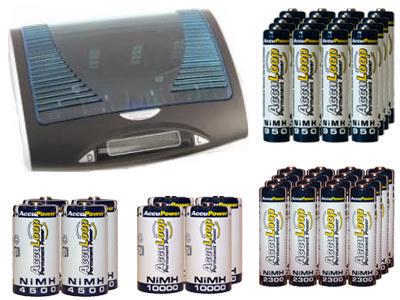 Super Universal LCD Battery Charger + 16 AA (2600 mAh) + 16 AAA (1100 mAh) + 4 C (4500 mAh) + 4 D (10000 mAh) NiMH Batteries