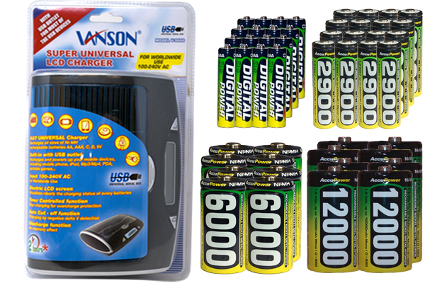 Super Universal LCD Battery Charger + 16 AA (2900 mAh) + 16 AAA (1200 mAh) + 8 C (6000 mAh) + 8 D (12000 mAh) AccuPower NiMH Batteries