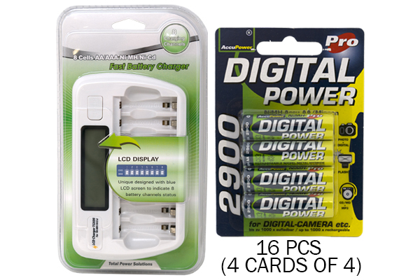 8 Bay AA / AAA LCD Battery Charger + 16 AA 2900 mAh AccuPower NiMH Batteries