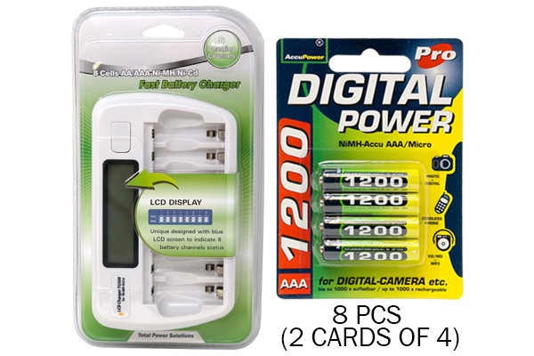 8 Bay AA / AAA LCD Battery Charger + 8 AAA 1200 mAh AccuPower NiMH Batteries
