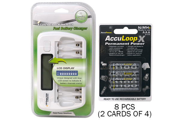 8 Bay AA / AAA LCD Battery Charger + 8 AAA 1100 mAh Acculoop-X NiMH Batteries