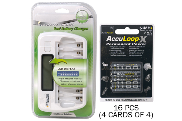 8 Bay AA / AAA LCD Battery Charger + 16 AAA 1100 mAh Acculoop-X NiMH Batteries