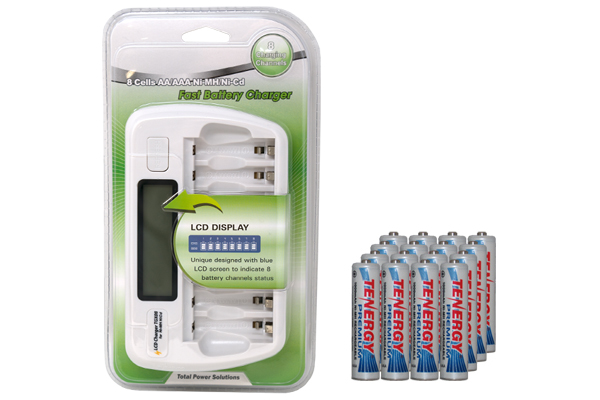 8 Bay AA / AAA LCD Battery Charger + 16 AAA 1000 mAh Tenergy NiMH Batteries