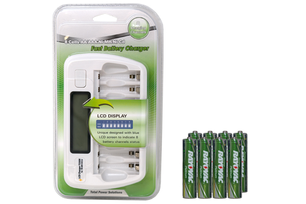 8 Bay AA / AAA LCD Battery Charger + 8 AAA 750 mAh Rayovac NiMH Batteries