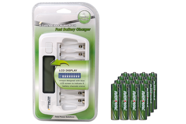 8 Bay AA / AAA LCD Battery Charger + 16 AAA 750 mAh Rayovac NiMH Batteries
