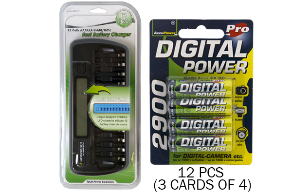 12 Bay AA / AAA LCD Battery Charger + 12 AA 2900 mAh AccuPower NiMH Batteries