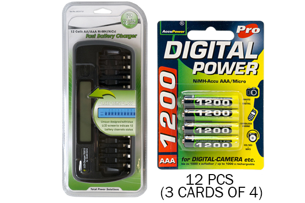 12 Bay AA / AAA LCD Battery Charger + 12 AAA 1200 mAh AccuPower NiMH Batteries