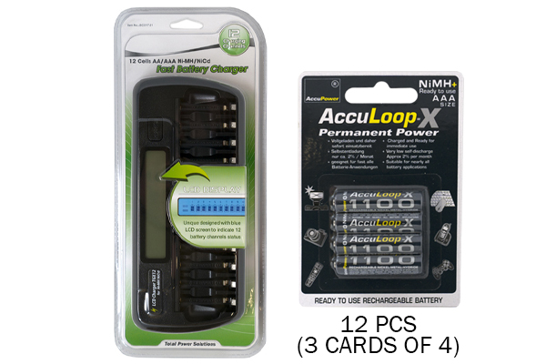 12 Bay AA / AAA LCD Battery Charger + 12 AAA 1100 mAh Acculoop-X NiMH Batteries