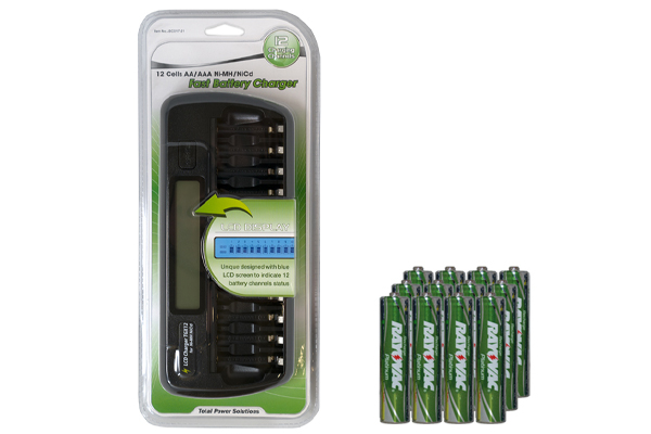 12 Bay AA / AAA LCD Battery Charger + 12 AAA 750 mAh Rayovac NiMH Batteries