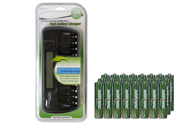 12 Bay AA / AAA LCD Battery Charger + 24 AAA 750 mAh Rayovac NiMH Batteries