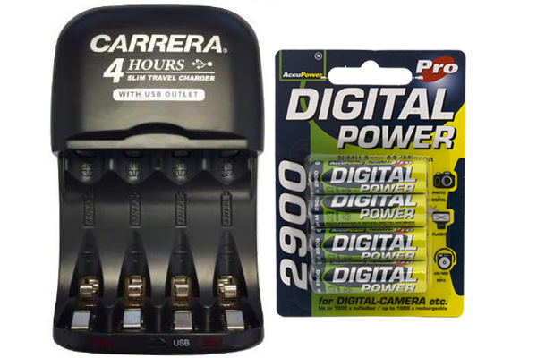 AA / AAA NiMH Smart Slim Travel Charger with USB Plug & 4 x AA AccuPower NiMH 2900 mAh Batteries