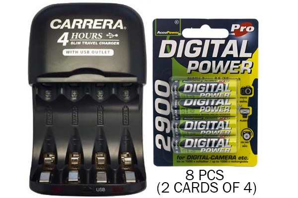 AA / AAA NiMH Smart Slim Travel Charger with USB Plug & 8 x AA AccuPower NiMH 2900 mAh Batteries