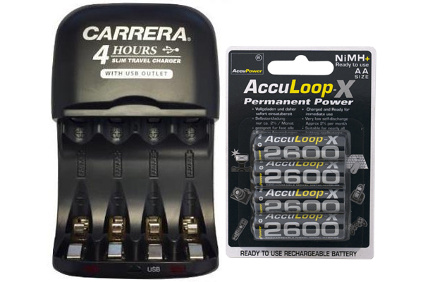 AA / AAA NiMH Smart Slim Travel Charger with USB Plug & 4 x AA AccuLoop NiMH 2600 mAh Batteries