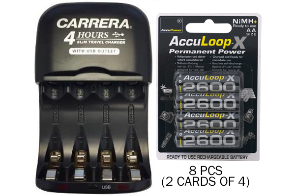 AA / AAA NiMH Smart Slim Travel Charger with USB Plug & 8 x AA AccuLoop NiMH 2600 mAh Batteries