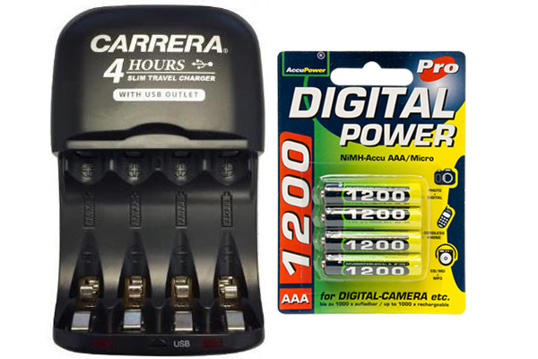 AA / AAA NiMH Smart Slim Travel Charger with USB Plug & 4 x AAA Accupower NiMH 1200 mAh Batteries