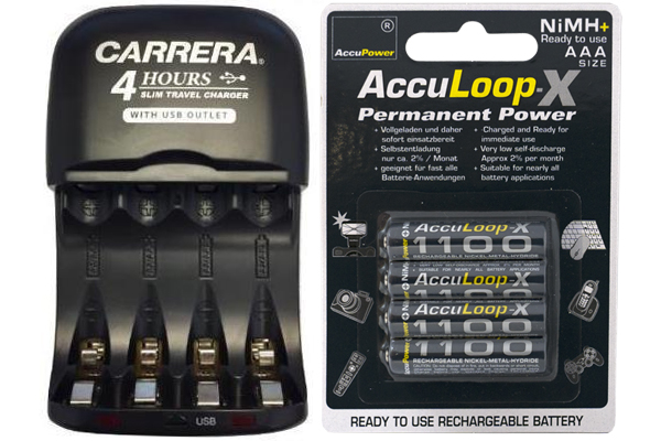 AA / AAA NiMH Smart Slim Travel Charger with USB Plug & 4 x AAA Acculoop-X NiMH 1100 mAh Batteries