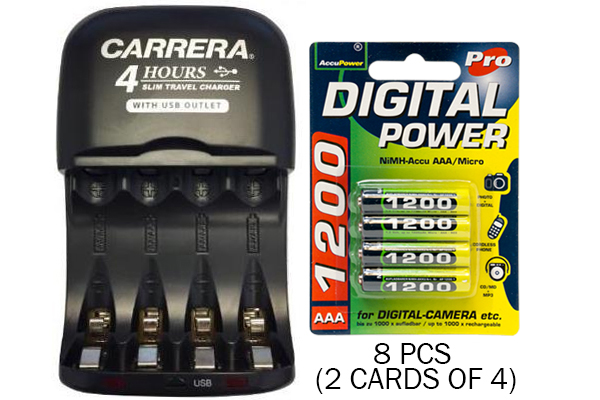 AA / AAA NiMH Smart Slim Travel Charger with USB Plug & 8 x AAA Accupower NiMH 1200 mAh Batteries