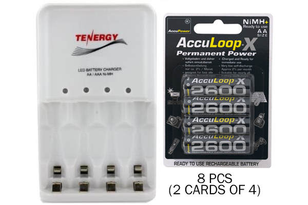 4 Bay AA / AAA LED Smart Battery Charger + 8 AA Acculoop-X 2600 mAh NiMH Batteries (Low Discharge)
