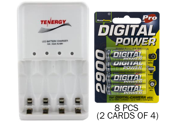 4 Bay AA / AAA LED Smart Battery Charger + 8 AA Accupower 2900 mAh NiMH Batteries
