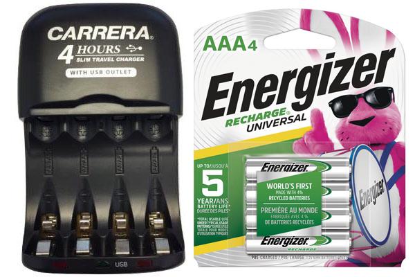 AA / AAA NiMH Smart Slim Travel Charger with USB Plug & 4 AAA 700 mAh Energizer Rechargeable Batteries