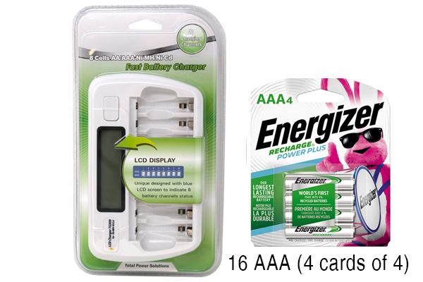 8 Bay AA / AAA LCD Battery Charger + 16 AAA 800 mAh Energizer Rechargeable Batteries