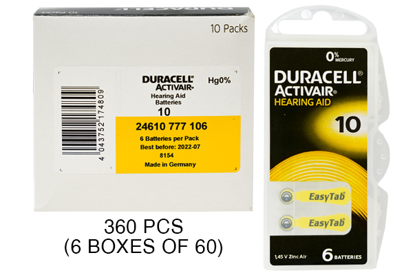 360 x Size 10 Duracell Activair Easy Tab Hearing Aid Batteries (DA10)