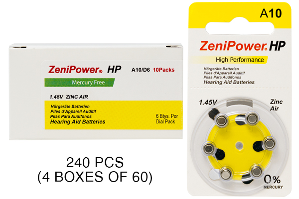240 x Size 10 ZeniPower Hearing Aid Batteries