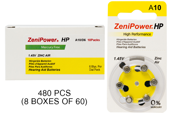 480 x Size 10 ZeniPower Hearing Aid Batteries