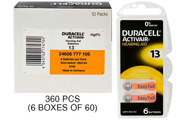 360 x Size 13 Duracell Activair Hearing Aid Batteries (DA13)