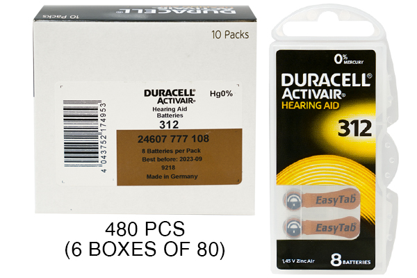 480 x Size 312 Duracell Easy Tab Hearing Aid Batteries (DA312)