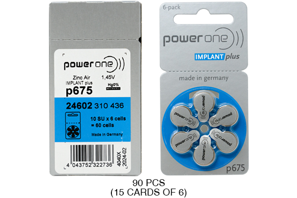 90 x Size p675 PowerOne IMPLANT Plus Cochlear Hearing Aid Batteries
