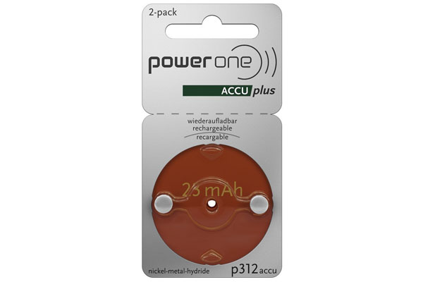 2 x Size p312 PowerOne ACCU Plus Rechargeable Hearing Aid Batteries