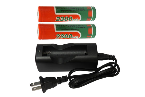 Li-Ion Charger (Single Slot) + 2 x 18650 3.6V Li-Ion Button Top Batteries (2300 mAh)