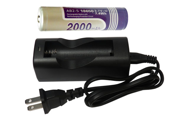 Li-Ion Charger (Single Slot) + 18650 3.6V Li-Ion Button Top Batteries (2000 mAh)
