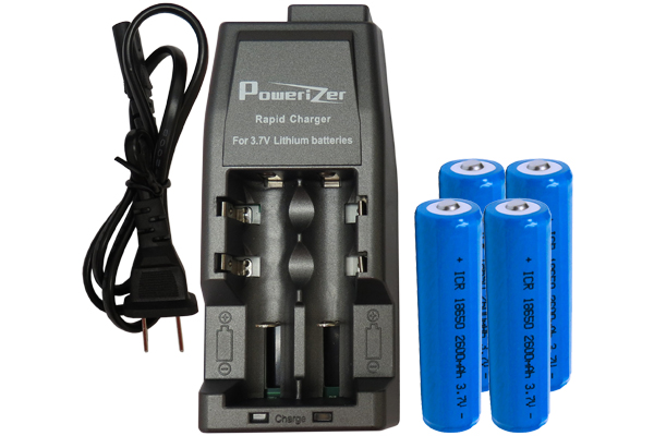 Li-Ion Charger (2 Slot) + 4 x 18650 3.6V Li-Ion Button Top Batteries (2600 mAh)