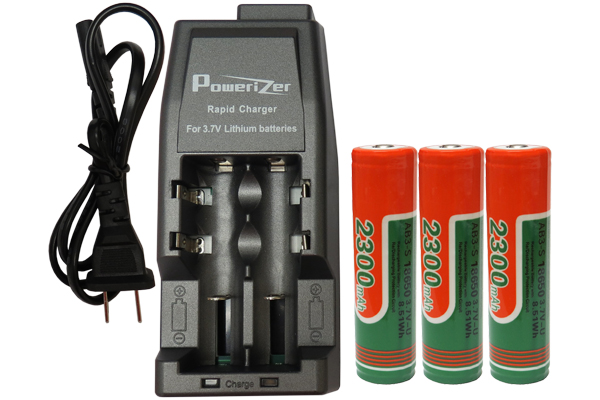 Li-Ion Charger (2 Slot) + 3 x 18650 3.6V Li-Ion Button Top Batteries (2300 mAh)