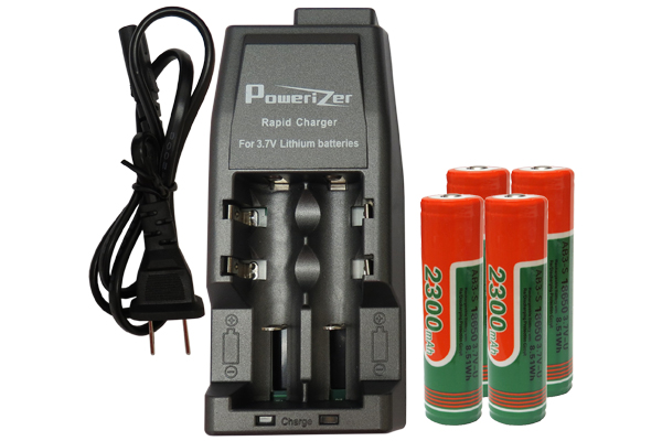 Li-Ion Charger (2 Slot) + 4 x 18650 3.6V Li-Ion Button Top Batteries (2300 mAh)