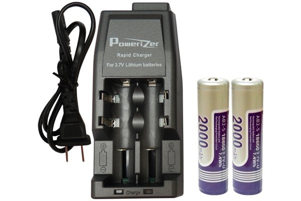 Li-Ion Charger (2 Slot) + 2 x 18650 3.6V Li-Ion Button Top Batteries (2000 mAh)
