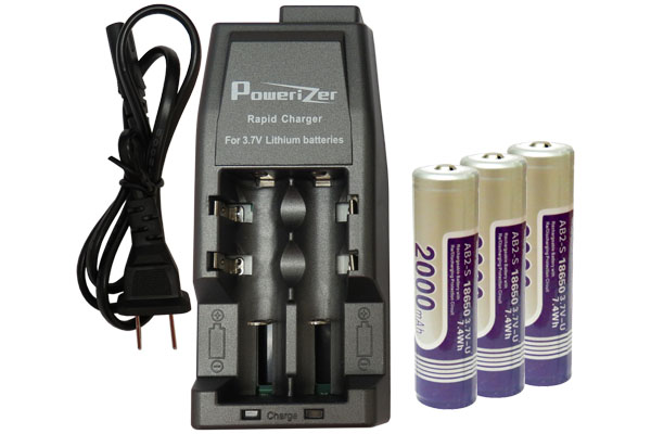 Li-Ion Charger (2 Slot) + 3 x 18650 3.6V Li-Ion Button Top Batteries (2000 mAh)