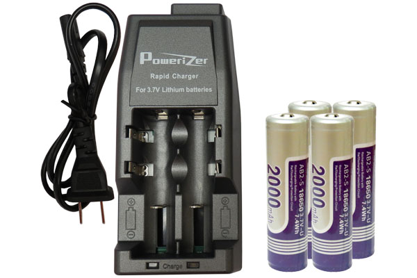 Li-Ion Charger (2 Slot) + 4 x 18650 3.6V Li-Ion Button Top Batteries (2000 mAh)