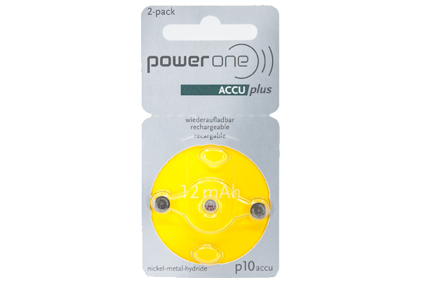 2 x Size p10 PowerOne ACCU Plus Rechargeable Hearing Aid Batteries