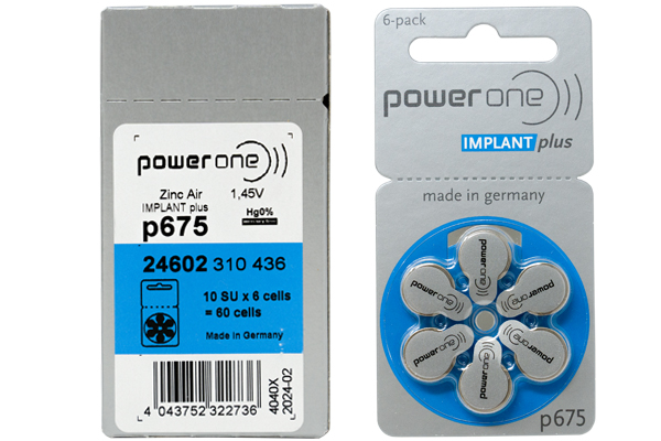 60 x Size p675 PowerOne IMPLANT Plus Cochlear Hearing Aid Batteries