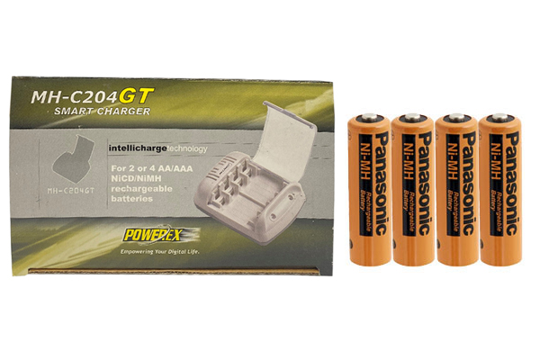 Powerex MH-C204GT AA / AAA Smart Battery Charger & 4 AA NiMH Panasonic 2000 mAh Rechargeable Batteries (Industrial Eneloop)