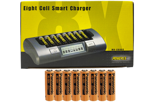Powerex MH-C800S Eight Slot Smart Charger & 8 AA NiMH Panasonic 2000 mAh Rechargeable Batteries (Industrial Eneloop)