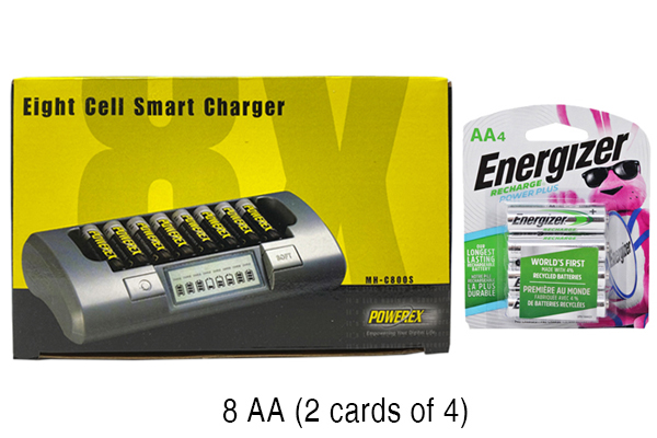 Powerex MH-C800S Eight Slot Smart Charger & 8 AA Energizer Recharge NH15BP4 NiMH 2300 mAh Batteries